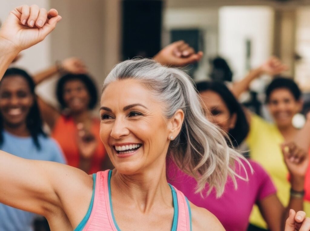 Energetic group dance class with smiling women in bright gym attire celebrating fitness